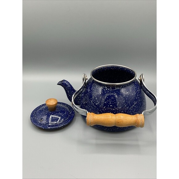 Vintage Blue White Speckled Enamelware Goose Neck Teapot Tea Kettle - Picture 8 of 13